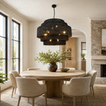 Black woven drum chandelier room scene.