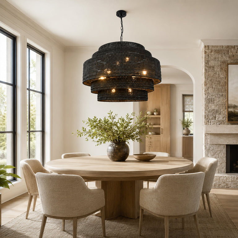Black woven drum chandelier room scene.