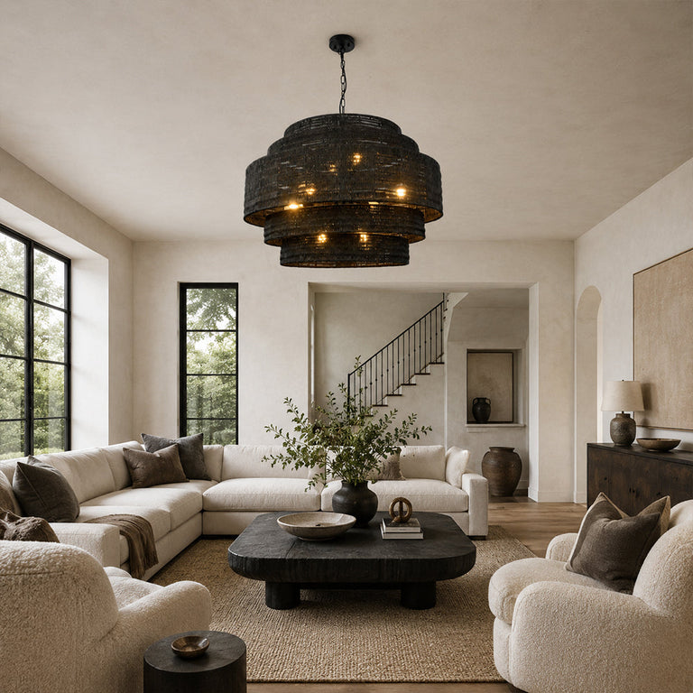 Black woven drum chandelier room scene.