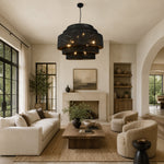 Black woven drum chandelier room scene.