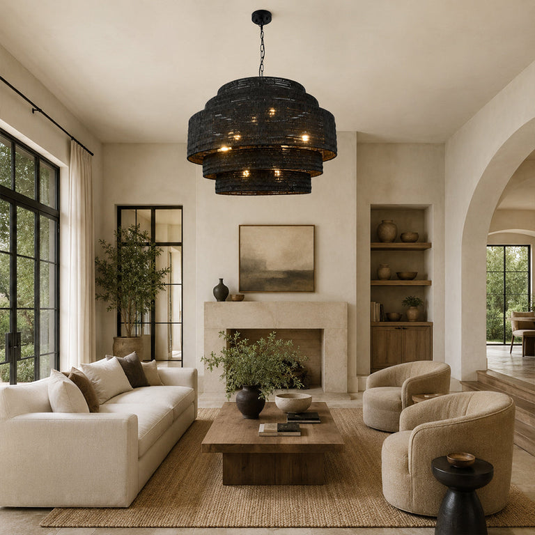 Black woven drum chandelier room scene.