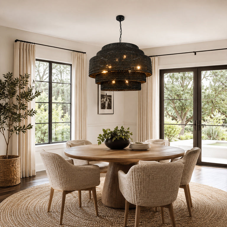 Black woven drum chandelier room scene.