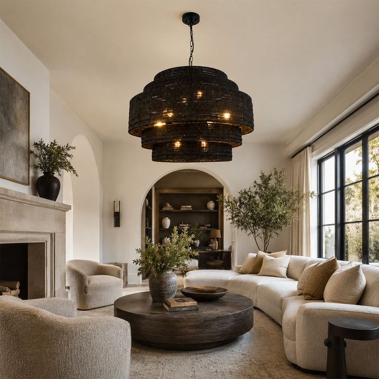Black woven drum chandelier room scene.
