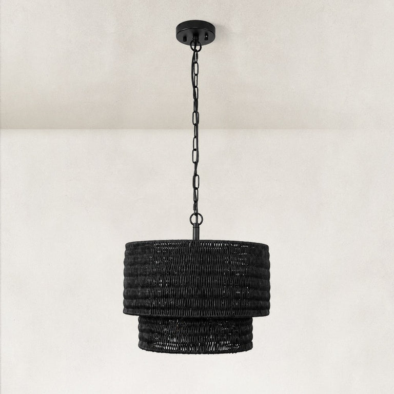 Natural Rattan Flush Mount Ceiling Light in Matte Black - complete fixture