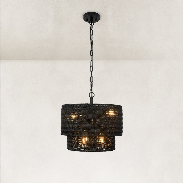 Natural Rattan Flush Mount Ceiling Light in Matte Black - detail view