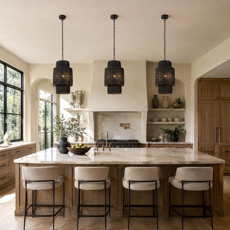 Natural Rattan Mini Pendant Light in Matte Black - room setting