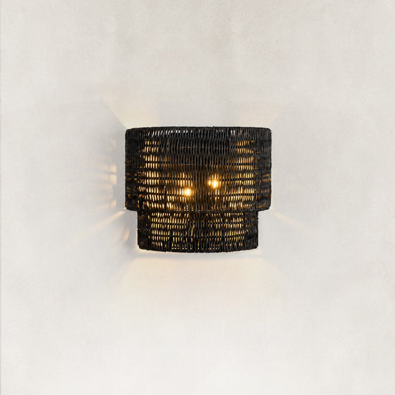 Natural Rattan Wall Sconce in Matte Black - complete fixture