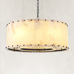 Illuminated natural stone single-tier drum chandelier with black finish