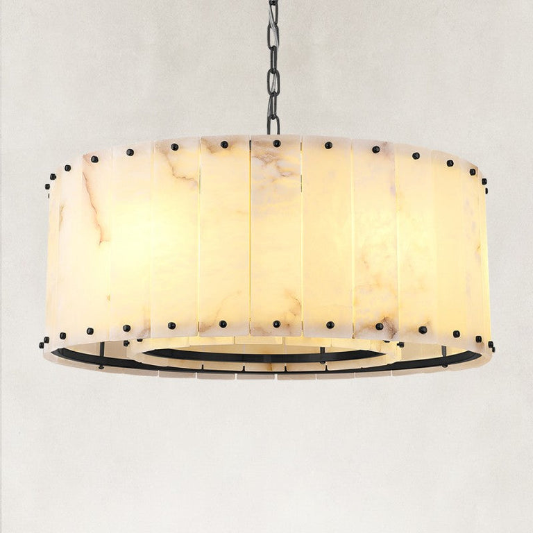 Illuminated natural stone single-tier drum chandelier with black finish