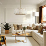 Brass single-tier stone drum chandelier in a furnished living room