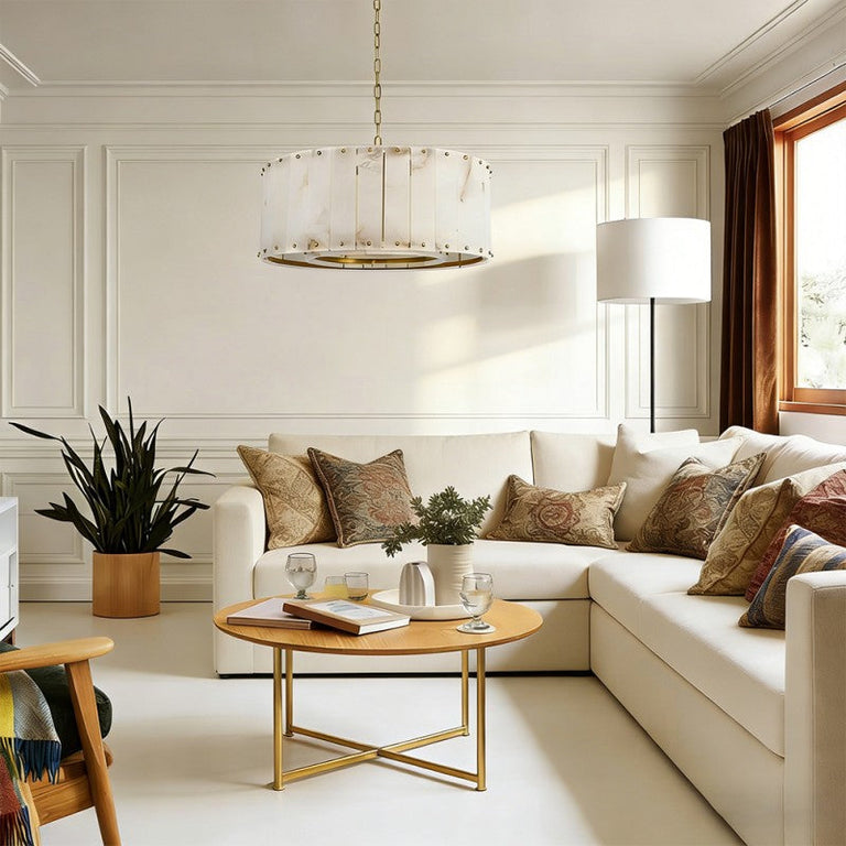 Brass single-tier stone drum chandelier in a furnished living room