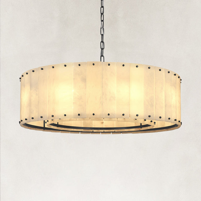 Illuminated natural stone single-tier drum chandelier with black finish