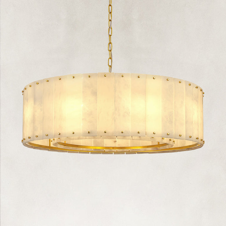 Illuminated natural stone single-tier drum chandelier with brass finish