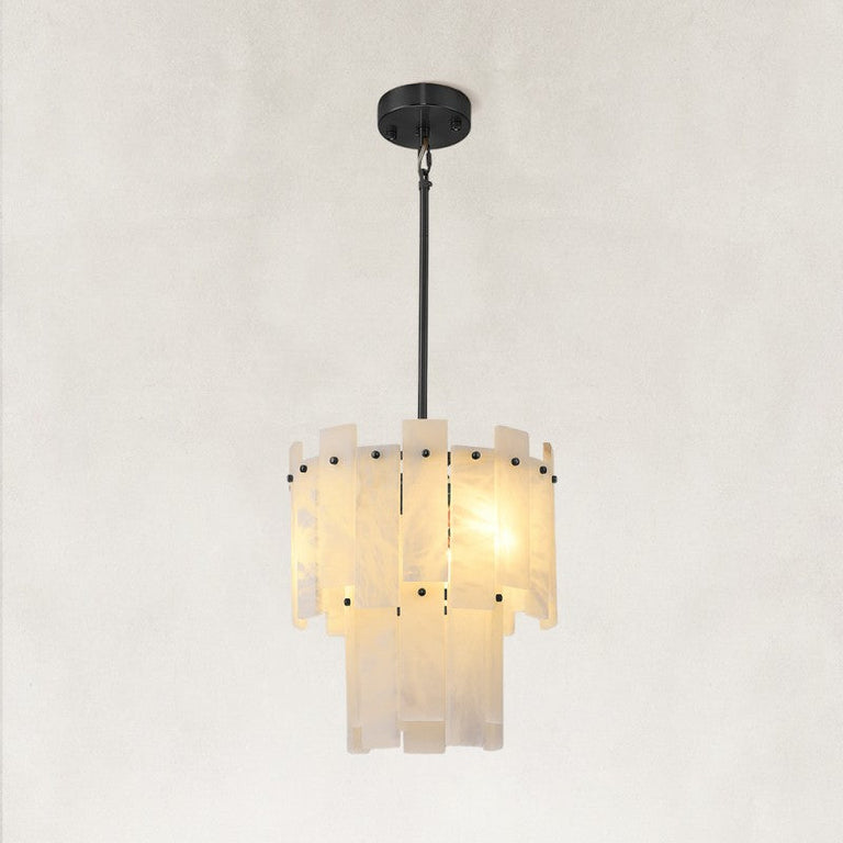Complete illuminated white-panel fixture with black canopy and rod.