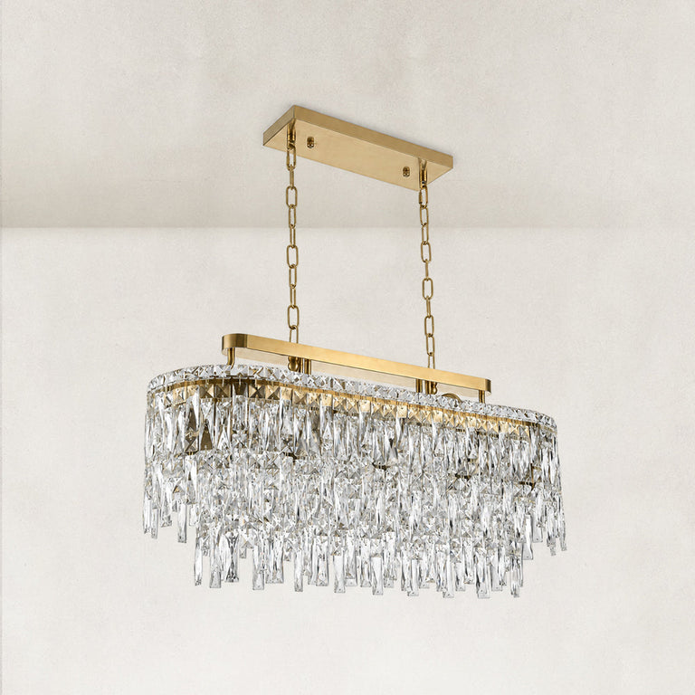 Gold-tone oval crystal chandelier, complete unlit angled fixture.