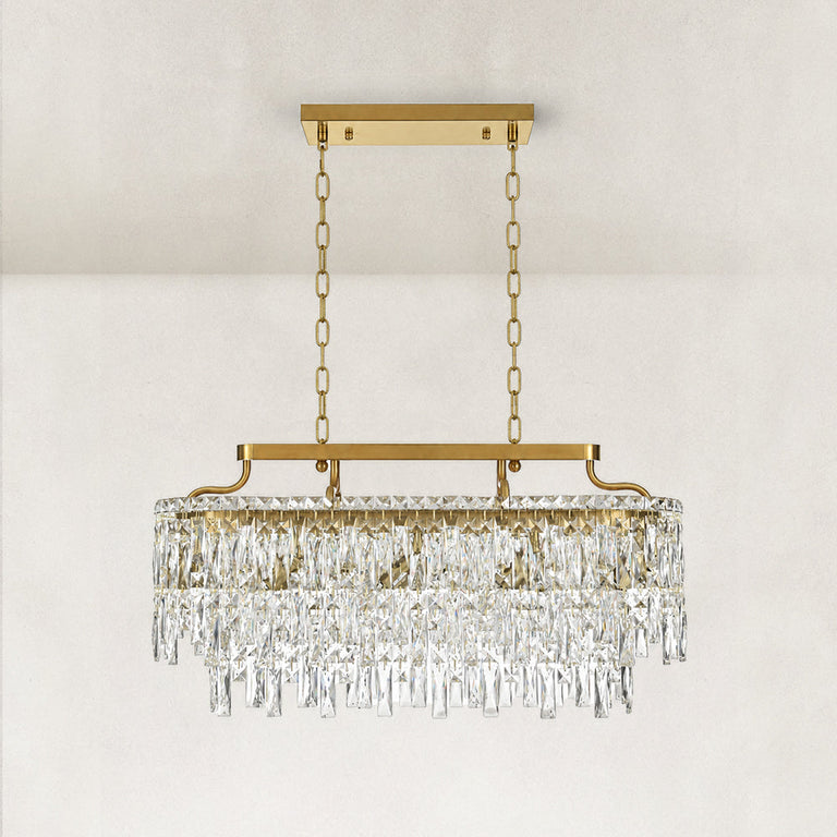 Gold-tone oval crystal chandelier, complete unlit frontal fixture.