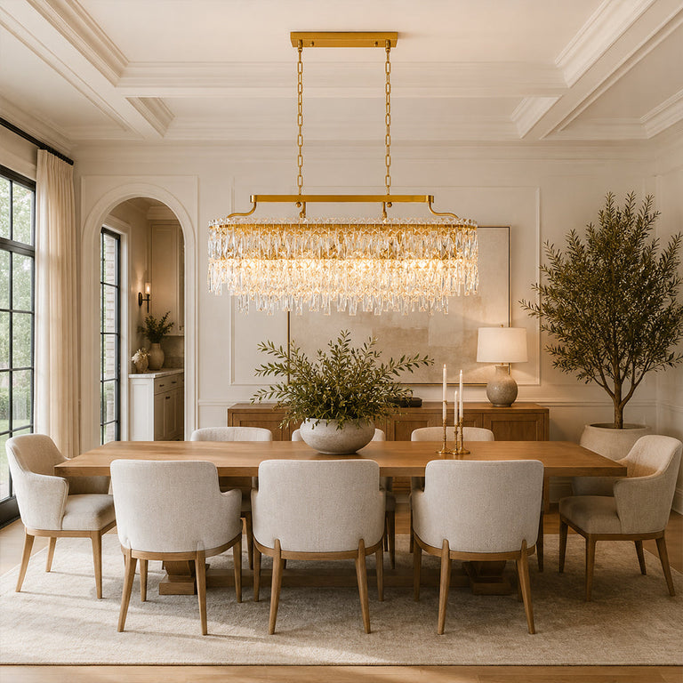 Gold-tone oval crystal chandelier, front dining room.