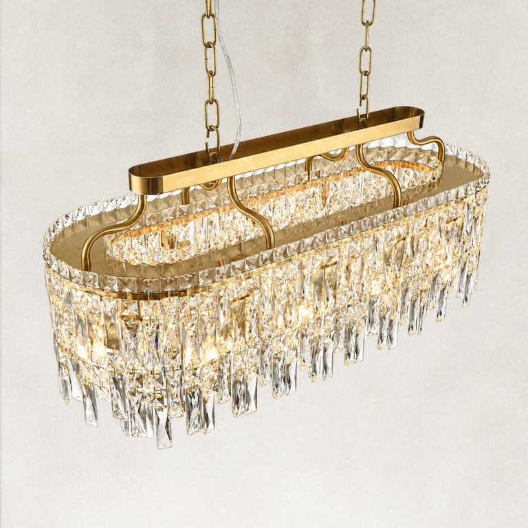 Gold-tone oval crystal chandelier, upper oval ring view.