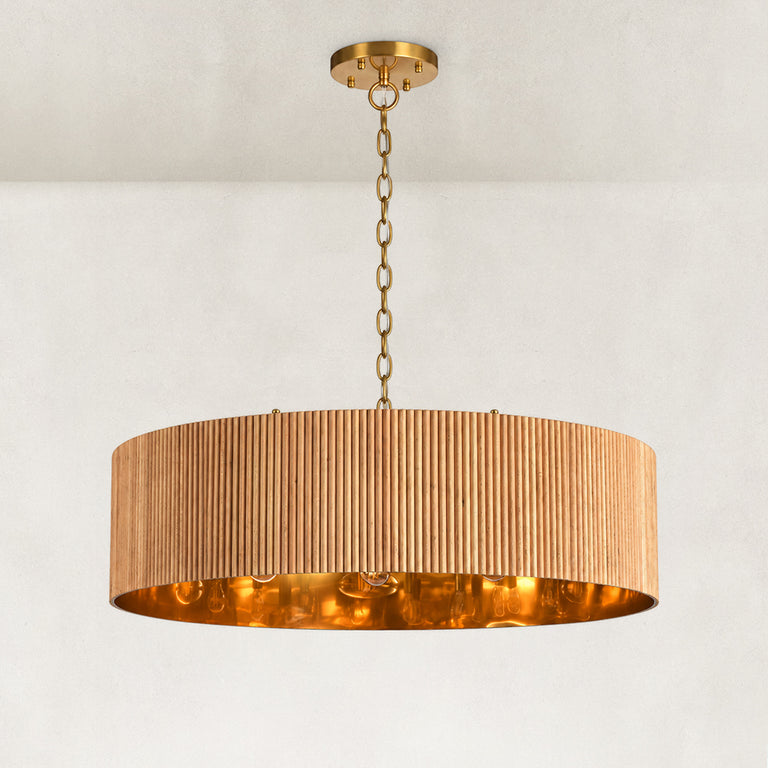 Oak ribbed drum chandelier with a chain and round canopy