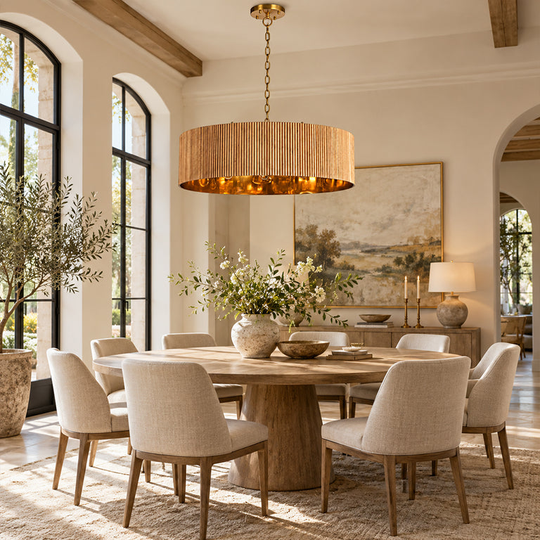 Oak ribbed drum chandelier suspended in a room