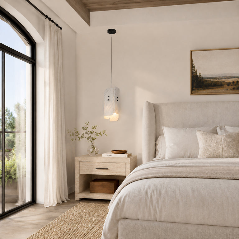 Offset White Marble Blade Pendant installed beside a bed in a furnished bedroom