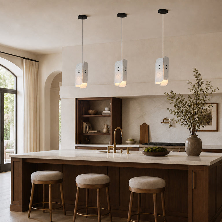 Offset White Marble Blade Pendant installed above a kitchen island