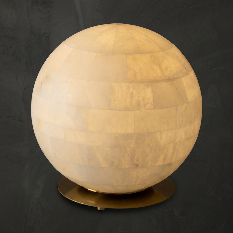 Orbita Alabaster Sphere Table Lamp 11.8" by Dalmivik, complete fixture illuminated