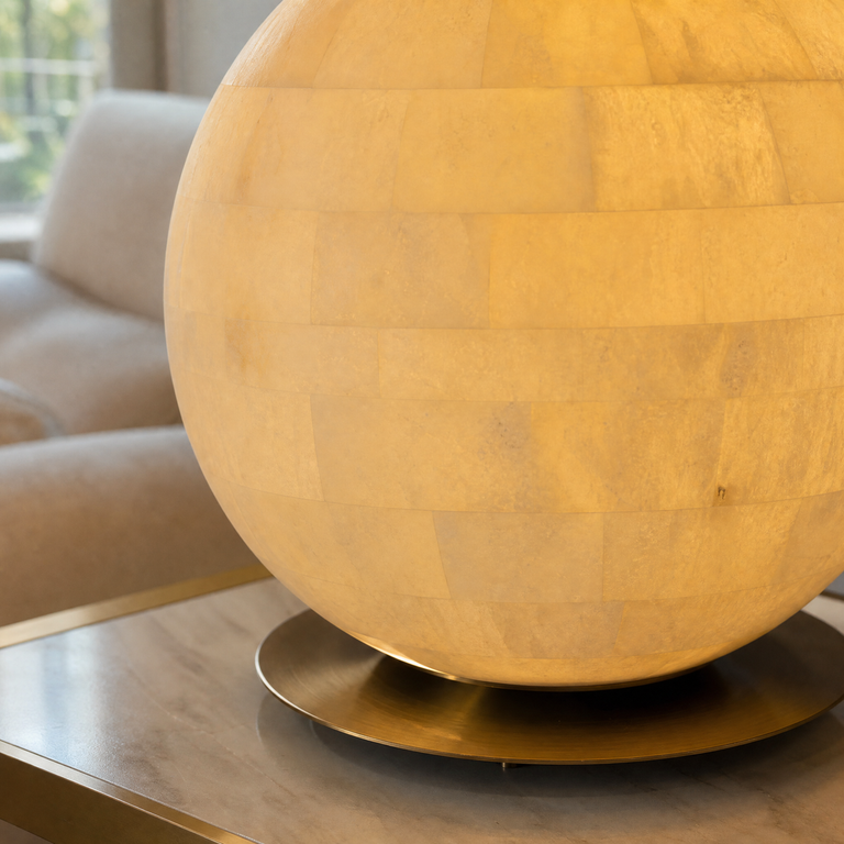 Orbita Alabaster Sphere Table Lamp 11.8" by Dalmivik, stone and metal close view