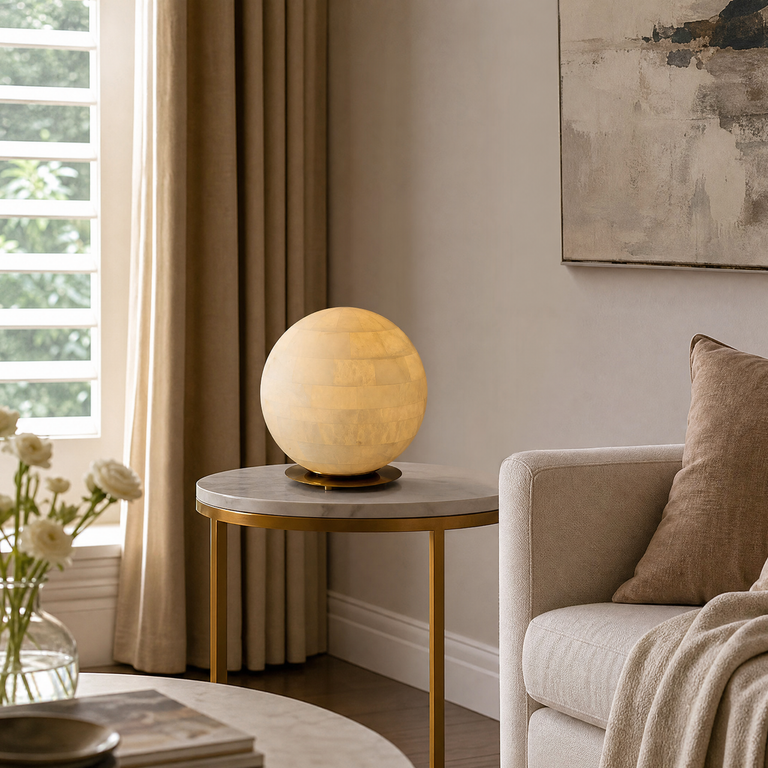 Orbita Alabaster Sphere Table Lamp 11.8" by Dalmivik, furnished room or product detail view