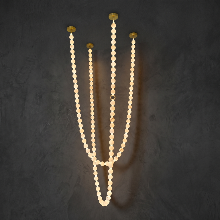 Orbita Modern Alabaster Pearl Chain Chandelier by Dalmivik, complete fixture view