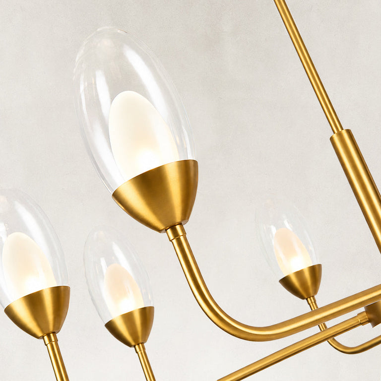 Gold-tone glass chandelier, eight-light arm and glass.