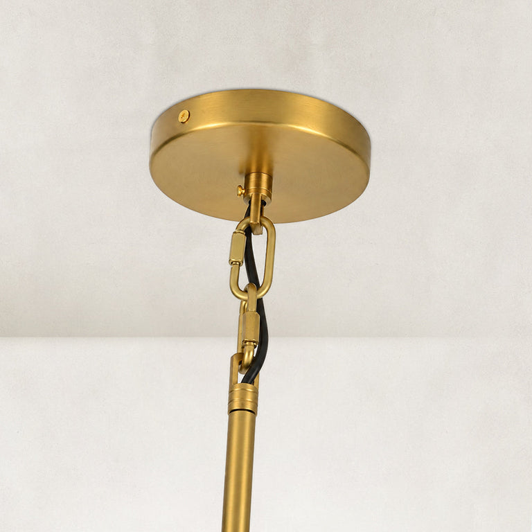 Gold-tone glass chandelier, eight-light canopy and stem.