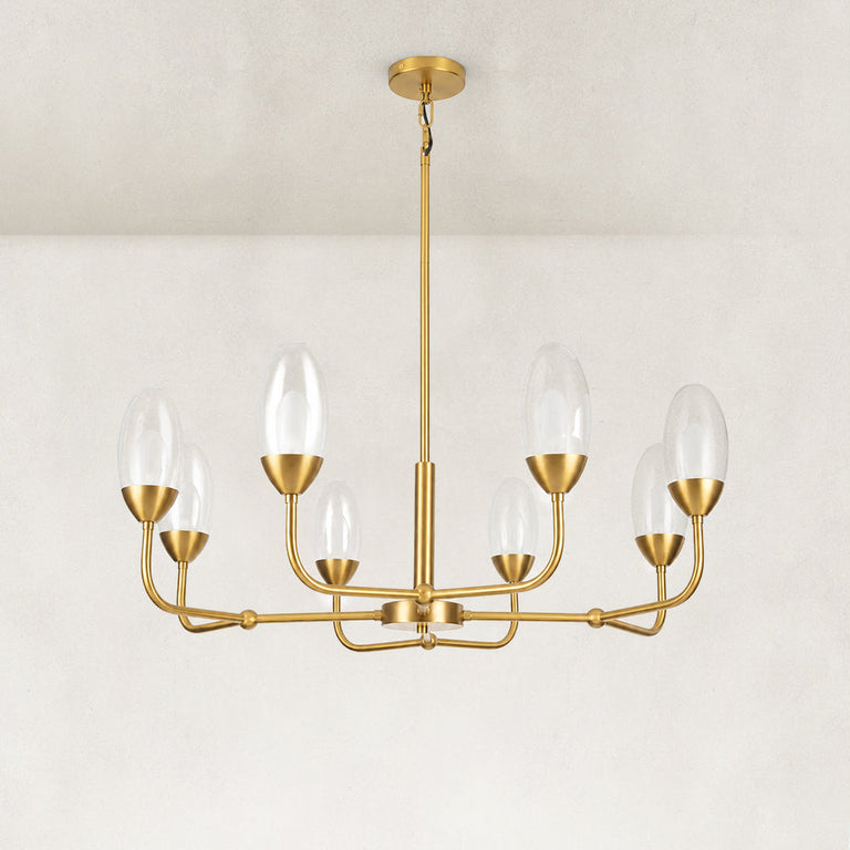 Gold-tone glass chandelier, eight-light complete unlit fixture.