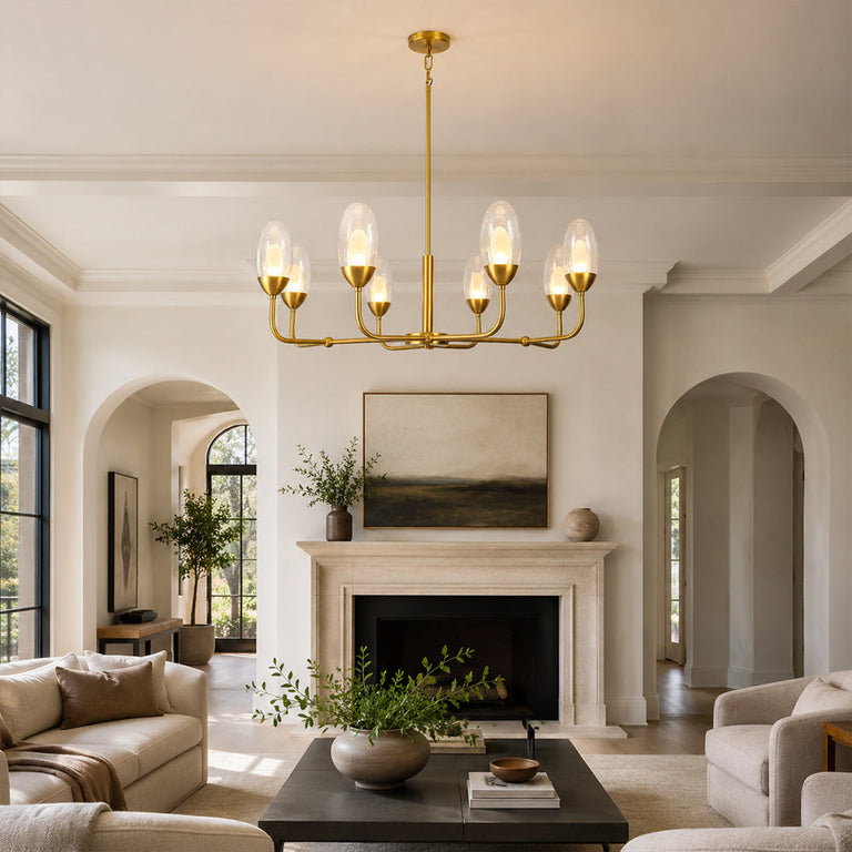 Gold-tone glass chandelier, eight-light fireplace living room.