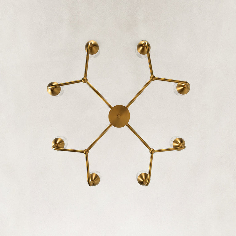 Gold-tone glass chandelier, eight-light plan underside.