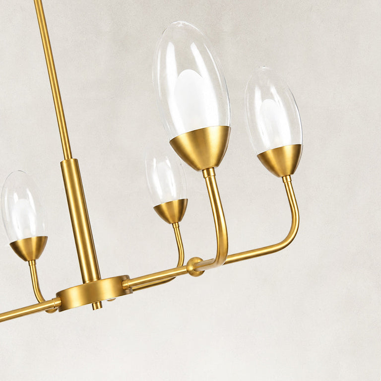 Gold-tone glass chandelier, six-light arm and glass.