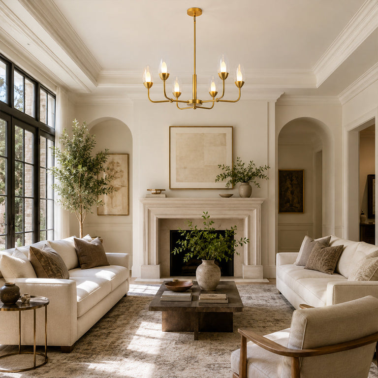 Gold-tone glass chandelier, six-light fireplace living room.