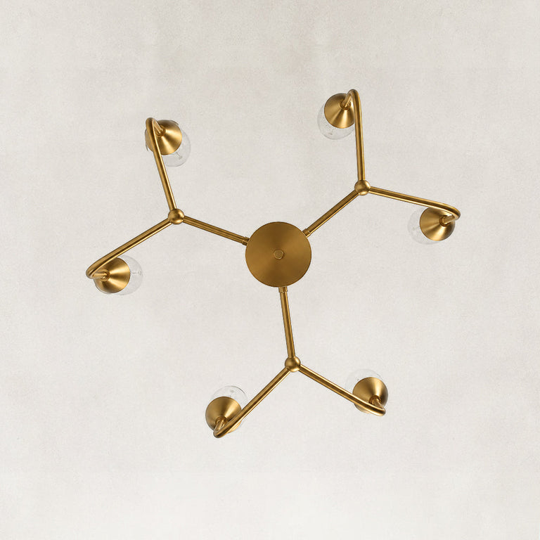 Gold-tone glass chandelier, six-light plan underside.