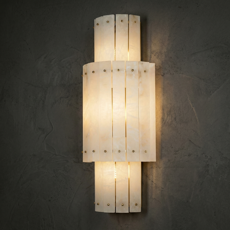 Vivian Alabaster Modern Tiered Wall Sconce by Dalmivik, complete fixture view