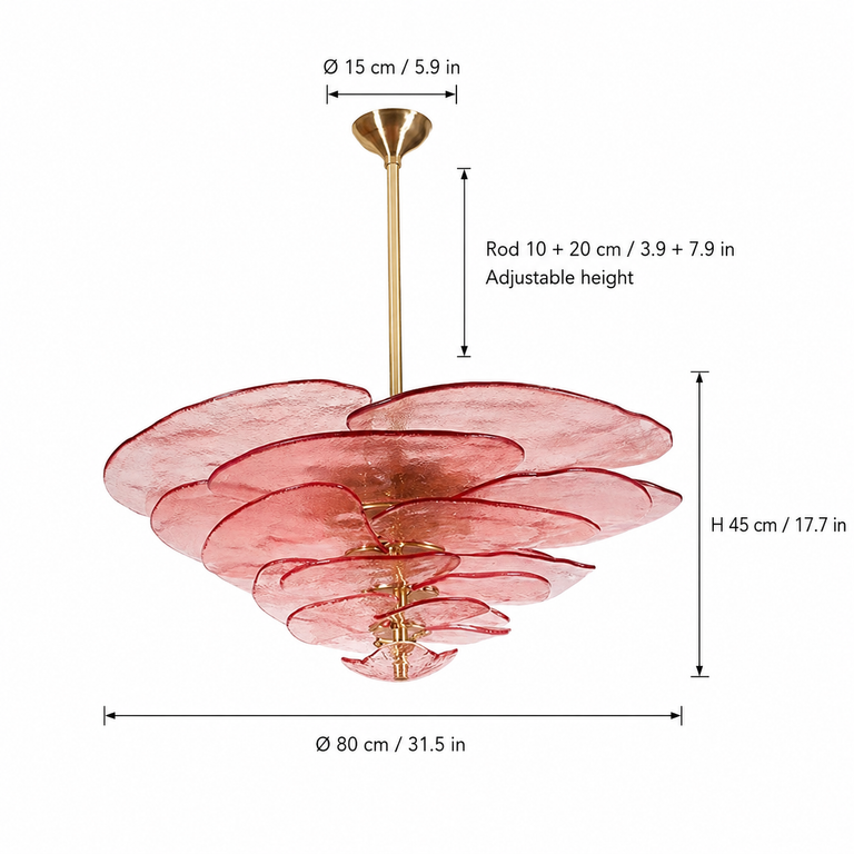 Petal Cascade Sculptural Glass Chandelier dimension and specification diagram