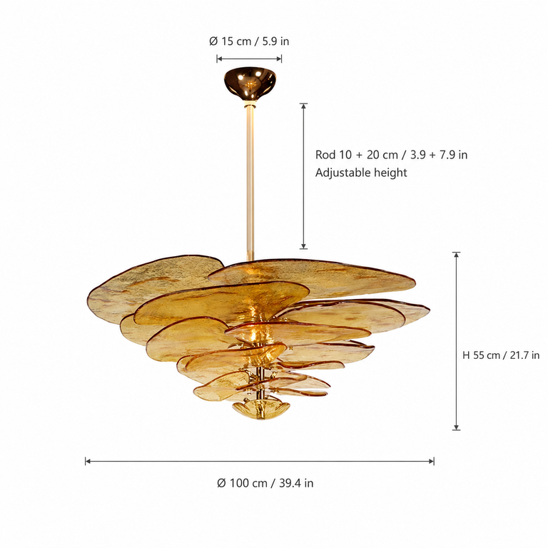 Petal Cascade Sculptural Glass Chandelier dimension and specification diagram
