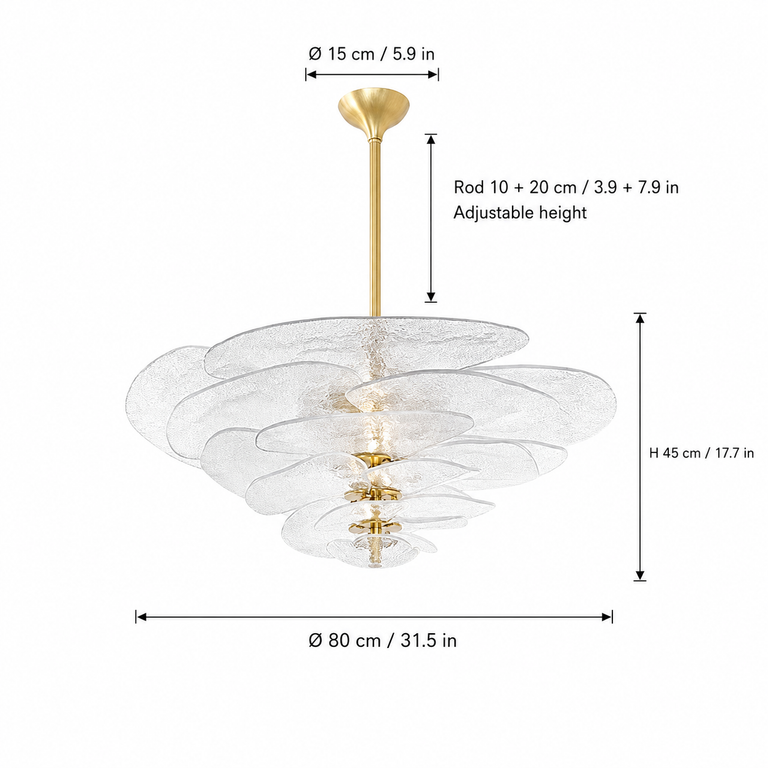 Petal Cascade Sculptural Glass Chandelier dimension and specification diagram