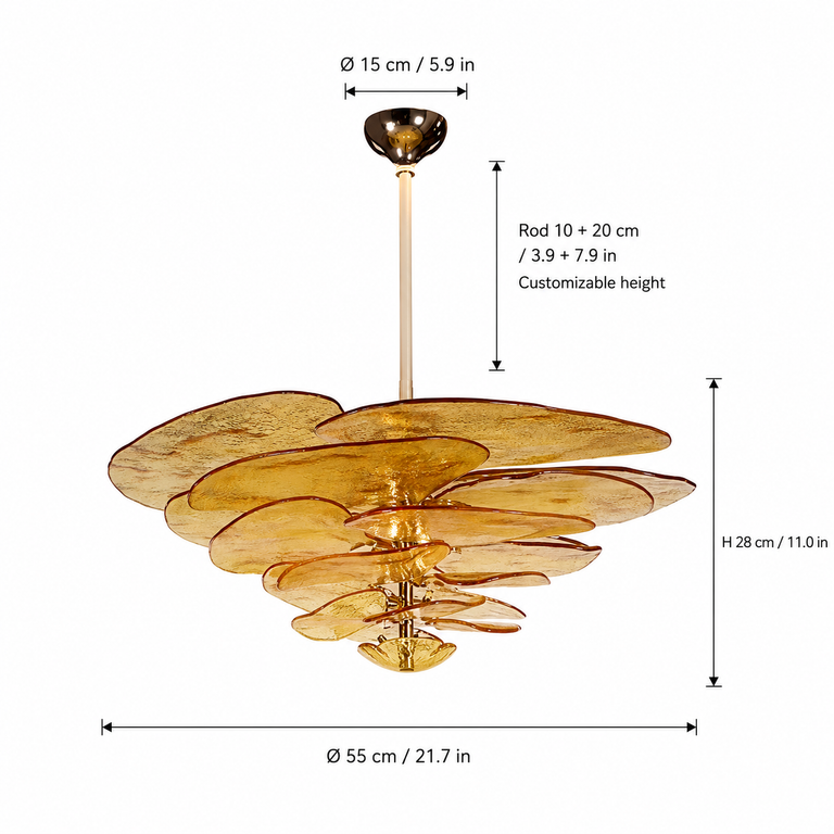 Petal Cascade Sculptural Glass Chandelier dimension and specification diagram