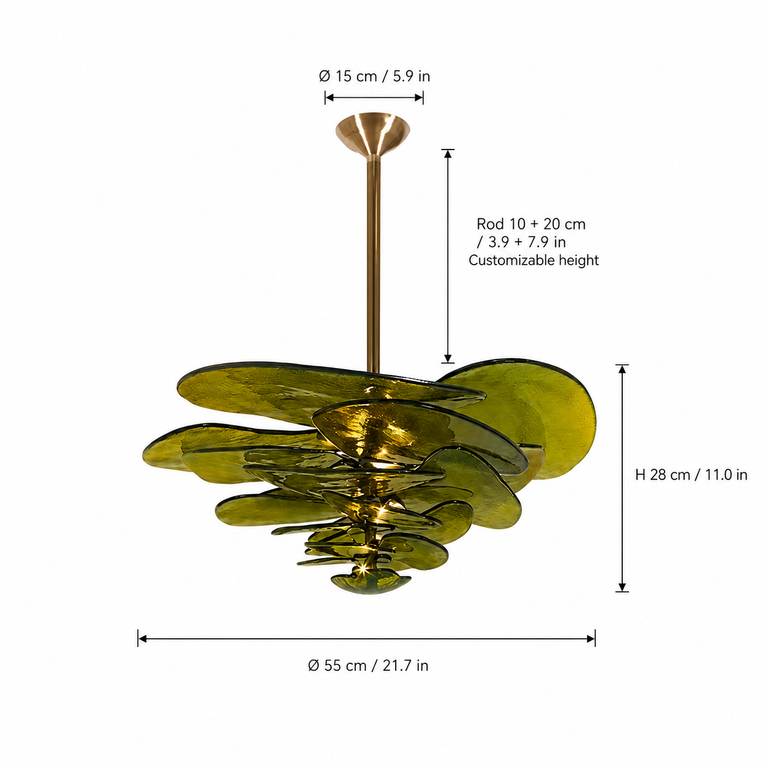 Petal Cascade Sculptural Glass Chandelier dimension and specification diagram