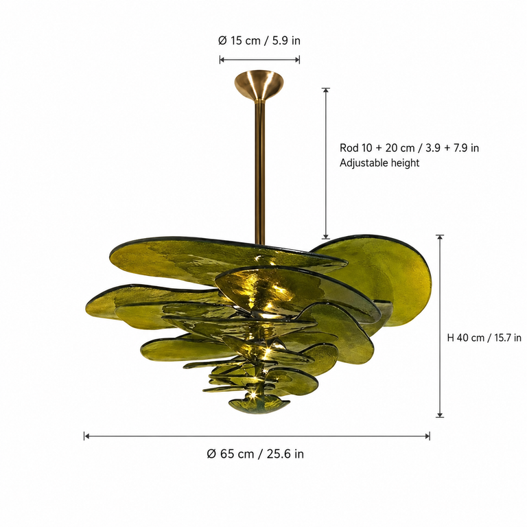 Petal Cascade Sculptural Glass Chandelier dimension and specification diagram