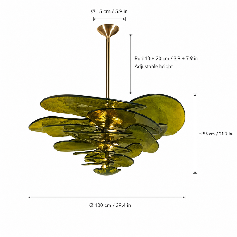 Petal Cascade Sculptural Glass Chandelier dimension and specification diagram