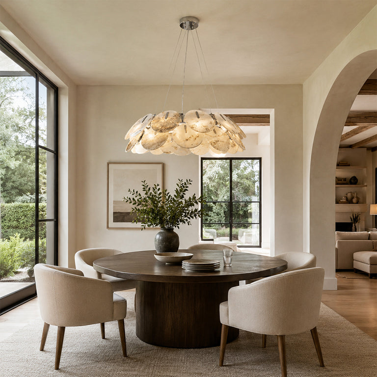 Petal Marble Chandelier 31.5" installed above a dining table