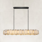 Black oval petal chandelier with canopy and full suspension.