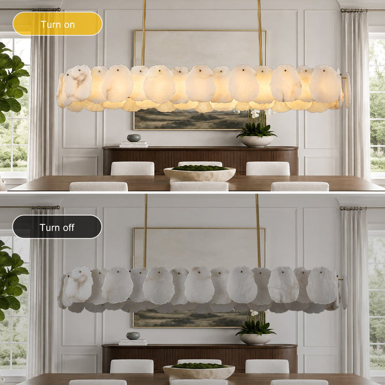 Brass-tone oval petal chandelier illuminated and unlit in a dining room.