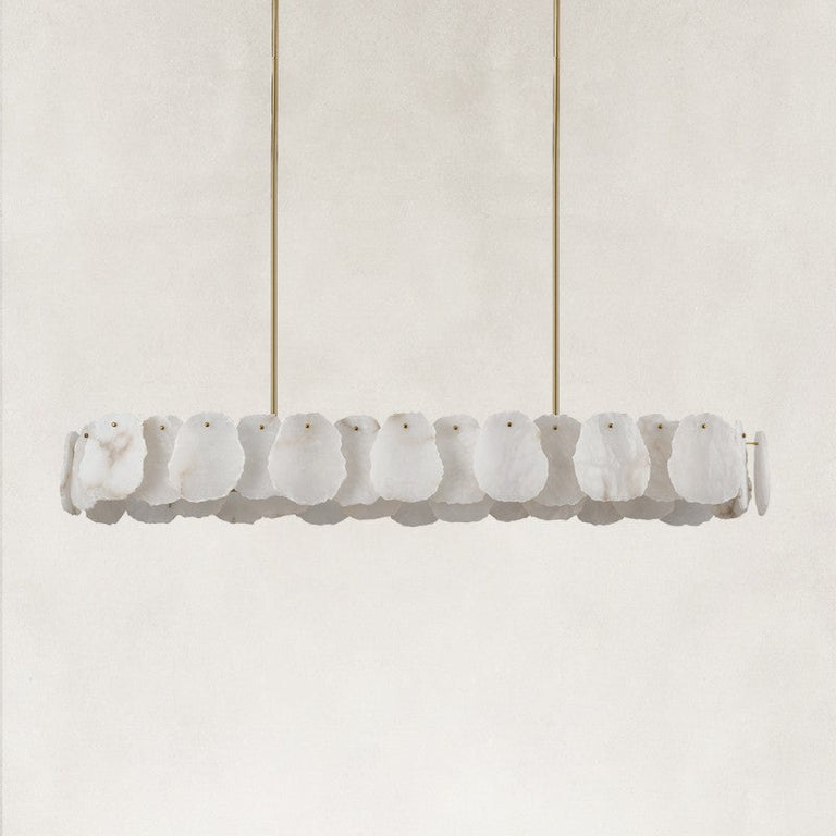 Unlit brass-tone oval petal chandelier.